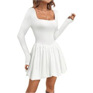 imageSweatyRocks Womens Square Neck Long Sleeve A Line Mini Ruffle Bubble DressesWhite