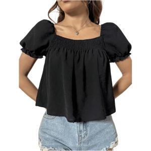 imageSweatyRocks Womens Square Neck Puff Short Sleeve Blouse Shirred Flare Hem Loose Peplum Shirt TopsBlack