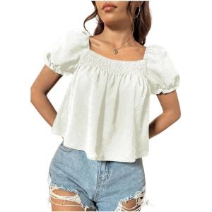 imageSweatyRocks Womens Square Neck Puff Short Sleeve Blouse Shirred Flare Hem Loose Peplum Shirt TopsWhite
