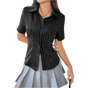 imageSweatyRocks Womens Striped Button Down Shirt Short Sleeve Collared Fitted Work Office Blouse Dressy TopsBlack