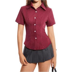 imageSweatyRocks Womens Striped Button Down Shirt Short Sleeve Collared Fitted Work Office Blouse Dressy TopsRed
