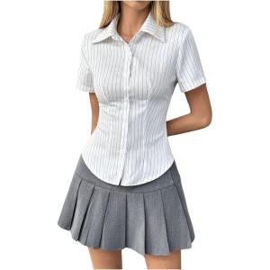 imageSweatyRocks Womens Striped Button Down Shirt Short Sleeve Collared Fitted Work Office Blouse Dressy TopsWhite