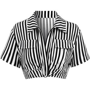 imageSweatyRocks Womens Striped Print Short Sleeve Blouse Collar V Neck Crop Shirt Tops with Flap Pocket Black and White Small