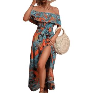 imageSweatyRocks Womens Tropical Print Off Shoulder Belted Dress Short Sleeve Ruffle Trim Split Maxi DressesBlue Orange