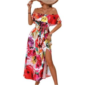 imageSweatyRocks Womens Tropical Print Off Shoulder Belted Dress Short Sleeve Ruffle Trim Split Maxi DressesRed Orange