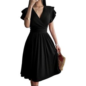 imageSweatyRocks Womens Wrap V Neck Short Sleeve Midi Dress Elegant Ruffle High Waist A Line DressesBlack