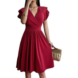 imageSweatyRocks Womens Wrap V Neck Short Sleeve Midi Dress Elegant Ruffle High Waist A Line DressesBurgundy
