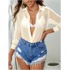 imageSweatyRocks Womens Long Sleeve See Through Button Down Shirt Slit Mesh Blouse TopApricot