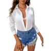 imageSweatyRocks Womens Long Sleeve See Through Button Down Shirt Slit Mesh Blouse TopWhite