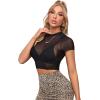 imageSweatyRocks Womens Short Sleeve Print See Through Sheer Mesh Crop Top T ShirtBasic Black