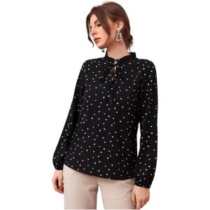 imageSweatyRocks Womens Dressy Bow Tie Neck Allover Print Shirt Frill Long Sleeve Top Casual Chiffon BlousesBlack
