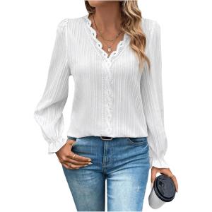 imageSweatyRocks Womens Long Sleeve Lace Blouses Casual V Neck Work Shirts TopsWhite