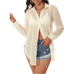imageSweatyRocks Womens Long Sleeve See Through Button Down Shirt Slit Mesh Blouse TopApricot