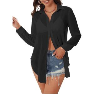imageSweatyRocks Womens Long Sleeve See Through Button Down Shirt Slit Mesh Blouse TopBlack
