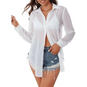 imageSweatyRocks Womens Long Sleeve See Through Button Down Shirt Slit Mesh Blouse TopWhite