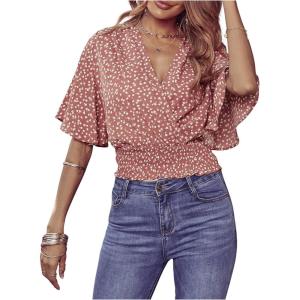 imageSweatyRocks Womens Short Butterfly Sleeve Ditsy Floral Wrap V Neck Shirred Blouse Crop TopDusty Pink