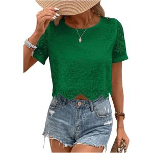 imageSweatyRocks Womens Short Sleeve Cropped Blouse Crew Neck Hollow Out Eyelet TopsGreen