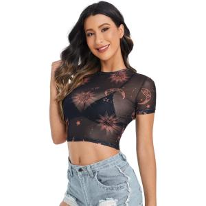imageSweatyRocks Womens Short Sleeve Print See Through Sheer Mesh Crop Top T ShirtBlack 2