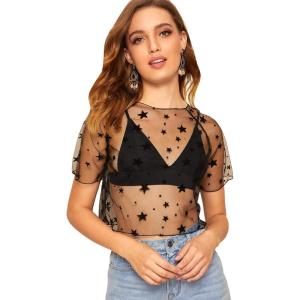 imageSweatyRocks Womens Short Sleeve Print See Through Sheer Mesh Crop Top T ShirtBlackstar