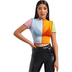 imageSweatyRocks Womens Short Sleeve Print See Through Sheer Mesh Crop Top T ShirtBlue Orange
