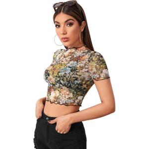 imageSweatyRocks Womens Short Sleeve Print See Through Sheer Mesh Crop Top T ShirtFloral Print