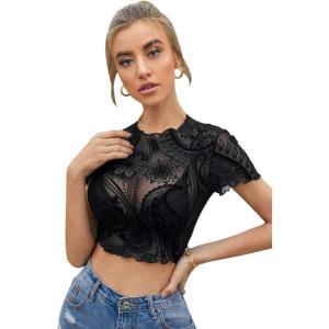 imageSweatyRocks Womens Short Sleeve Print See Through Sheer Mesh Crop Top T ShirtPaisley Black