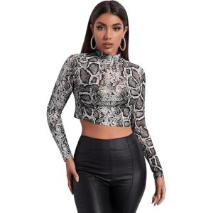 imageSweatyRocks Womens Short Sleeve Print See Through Sheer Mesh Crop Top T ShirtSnakeskin Black