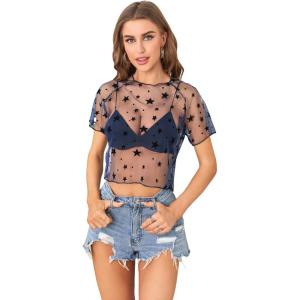 imageSweatyRocks Womens Short Sleeve Print See Through Sheer Mesh Crop Top T ShirtSolid Blue