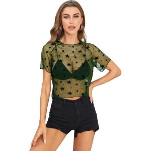 imageSweatyRocks Womens Short Sleeve Print See Through Sheer Mesh Crop Top T ShirtSolid Green