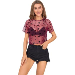 imageSweatyRocks Womens Short Sleeve Print See Through Sheer Mesh Crop Top T ShirtSolid Red