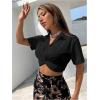 imageSweatyRocks Womens Casual Short Sleeve Collar Twist Front Button Down Blouse Crop TopBlack C