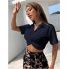 imageSweatyRocks Womens Casual Short Sleeve Collar Twist Front Button Down Blouse Crop TopDark Blue