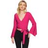 imageSweatyRocks Womens Long Sleeve V Neck Tie Knot Bandage Wrap Blouse Crop TopBright Pink