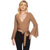 imageSweatyRocks Womens Long Sleeve V Neck Tie Knot Bandage Wrap Blouse Crop TopKhaki