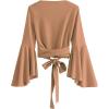imageSweatyRocks Womens Long Sleeve V Neck Tie Knot Bandage Wrap Blouse Crop TopKhaki