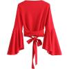 imageSweatyRocks Womens Long Sleeve V Neck Tie Knot Bandage Wrap Blouse Crop TopRed