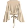 imageSweatyRocks Womens Long Sleeve V Neck Tie Knot Bandage Wrap Blouse Crop TopSolid Beige