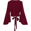 imageSweatyRocks Womens Long Sleeve V Neck Tie Knot Bandage Wrap Blouse Crop TopWine Red