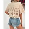 imageSweatyRocks Womens Short Sleeve Button Down Eyelet Crochet Shirt Asymmetrical Hem Crop Top BlouseApricot