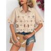 imageSweatyRocks Womens Short Sleeve Button Down Eyelet Crochet Shirt Asymmetrical Hem Crop Top BlouseApricot