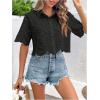 imageSweatyRocks Womens Short Sleeve Button Down Eyelet Crochet Shirt Asymmetrical Hem Crop Top BlouseBlack