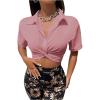imageSweatyRocks Womens Casual Short Sleeve Collar Twist Front Button Down Blouse Crop TopPink
