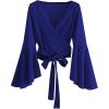 imageSweatyRocks Womens Long Sleeve V Neck Tie Knot Bandage Wrap Blouse Crop TopBright Blue