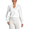 imageSweatyRocks Womens Wrap Front Blouse Notch V Neck Puff Long Sleeve Shirt TopWhite