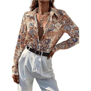 imageSweatyRocks Womens Chiffon Sexy Leopard V Neck Long Sleeve Blouse Shirt TopsBeige Paisley
