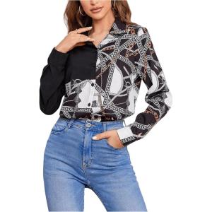 imageSweatyRocks Womens Chiffon Sexy Leopard V Neck Long Sleeve Blouse Shirt TopsChain Black