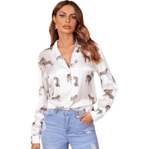 imageSweatyRocks Womens Chiffon Sexy Leopard V Neck Long Sleeve Blouse Shirt TopsTiger White