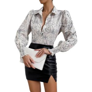 imageSweatyRocks Womens Chiffon Sexy Leopard V Neck Long Sleeve Blouse Shirt TopsWhite Floral