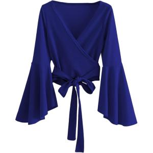 imageSweatyRocks Womens Long Sleeve V Neck Tie Knot Bandage Wrap Blouse Crop TopBright Blue