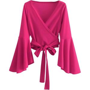 imageSweatyRocks Womens Long Sleeve V Neck Tie Knot Bandage Wrap Blouse Crop TopBright Pink